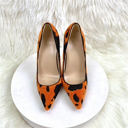 Cow Print Hairy Flock Pointy Toe High Heel Shoes