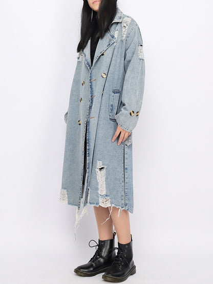 TWOTWINSTYLE Hole Hollow Out Denim Trench Coat For Women Lapel Long Sleeve Double Breasted Solid Coats Female Clothing  New