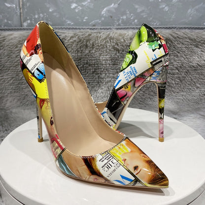 Picture-Print Floral Patent High Heels