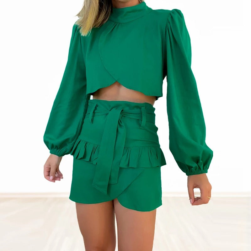 Women's Summer Sweet Half High Neck Long Sleeve Shirt Lace up High Waist Ruffle Short Skirt Set