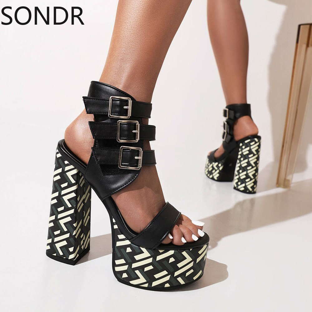 Womens Platform Peep Toe Belt Buckle Sandals Cut Out Super 15CM High Heel Shoes Summer Sexy Gladiator Punk Plus New