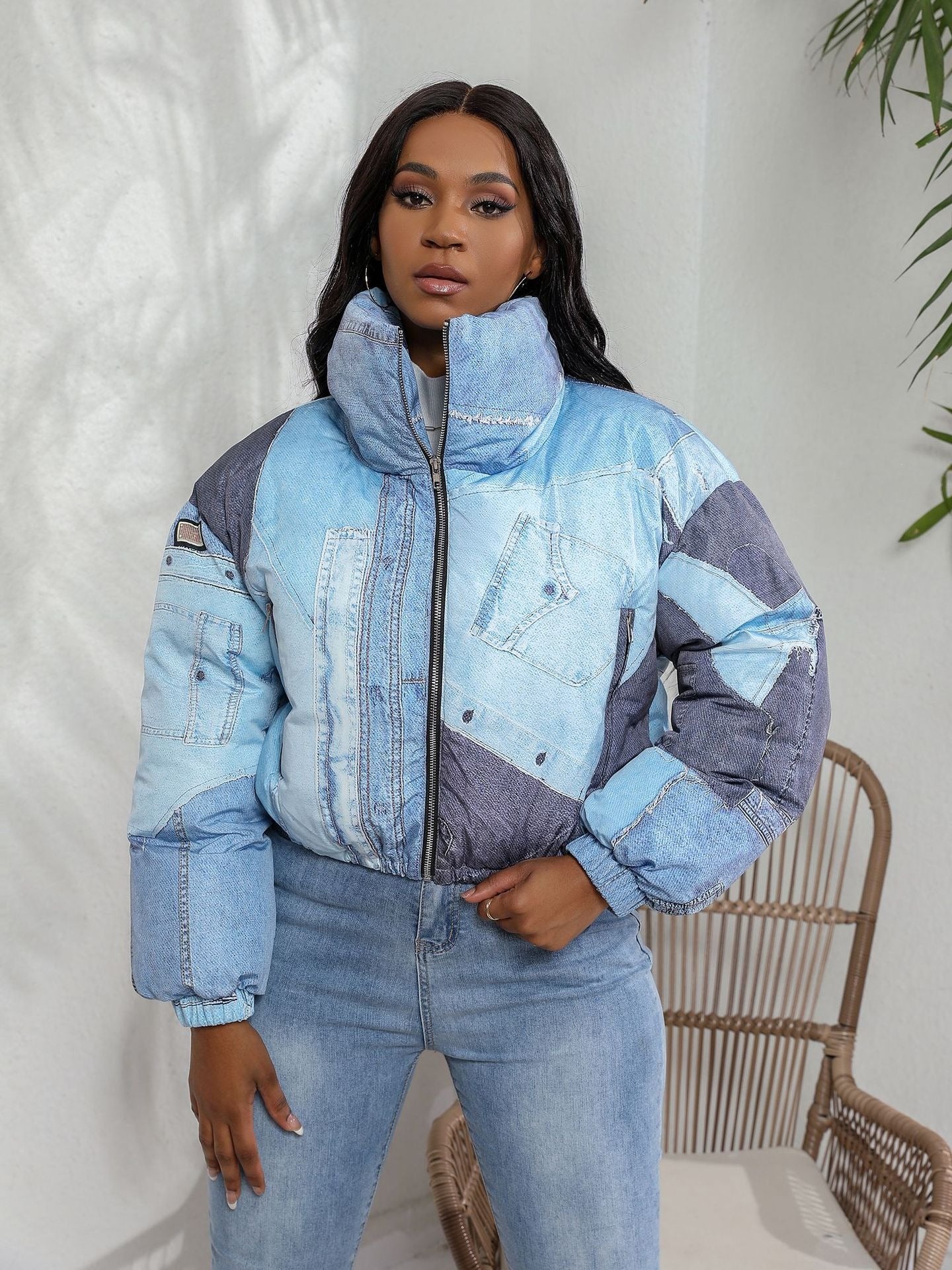 Faux Jean Printed Long Sleeve Parka