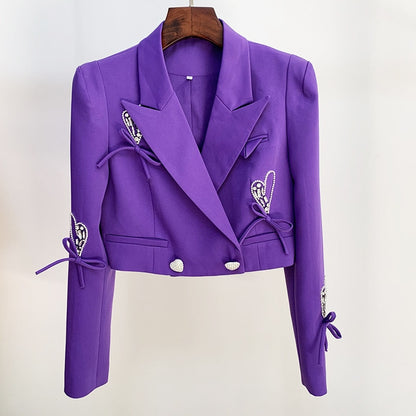 High-End Rhinestone Heart Button Bow Loose Suit Jacket