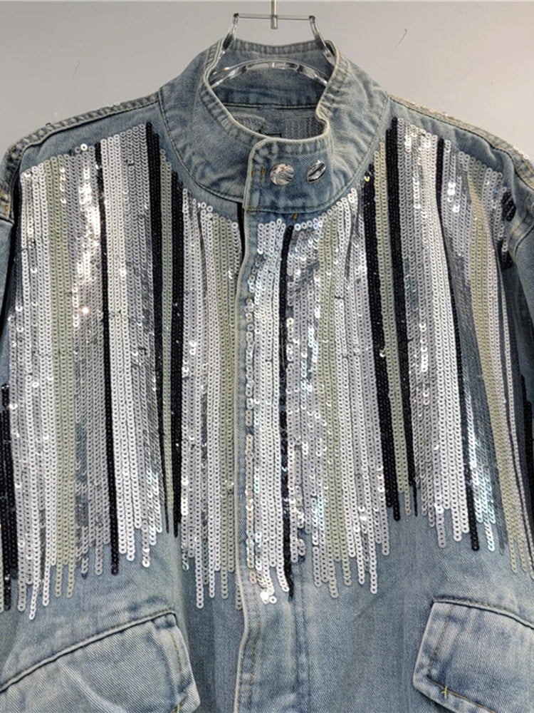 Striped Sequins Design Loose Denim Jacket