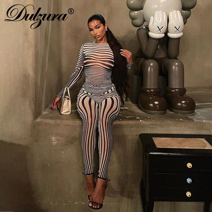 Dulzura  Stripe Zebra Print Mesh 2 Piece See Through Sheer Outfit