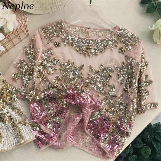 Sequined Patchwork Short Sleeve Bling Blouse