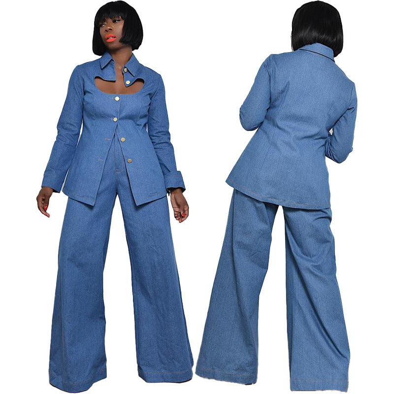 Open Chested Faux Denim Top And Pants Two Piece Suit