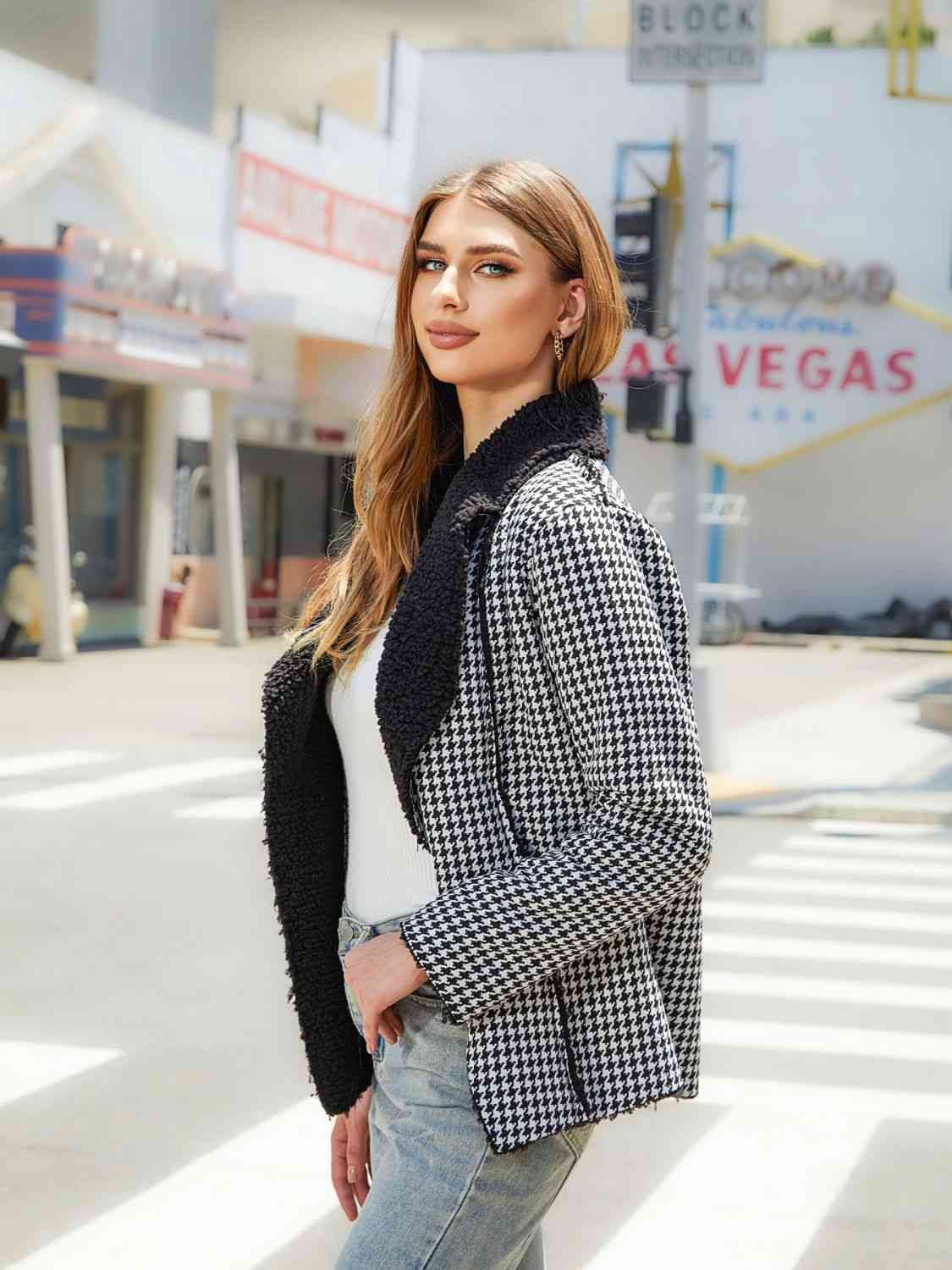 Houndstooth Open Front Long Sleeve Jacket