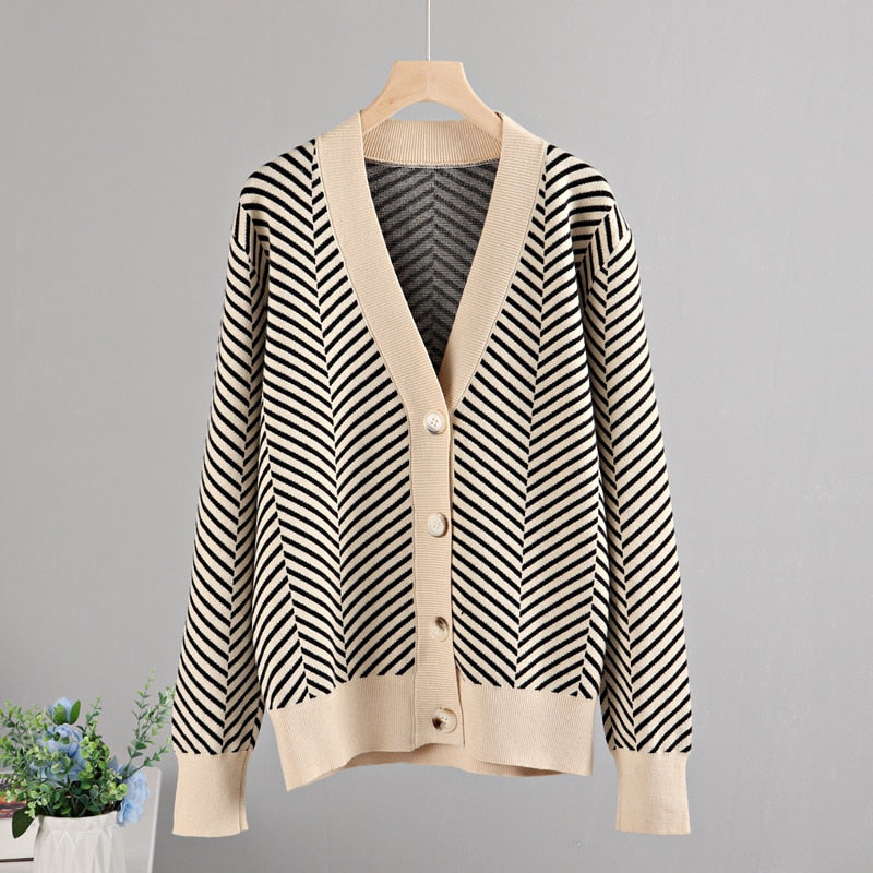 Long-Sleeved Diamond Striped Sweater Cardigan