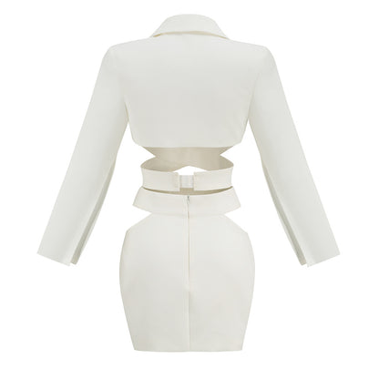 White Long Sleeved V Neck Suit Jacket Short Skirt