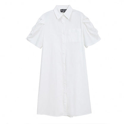 Women White Ruffle Sash Long Shirt Dress