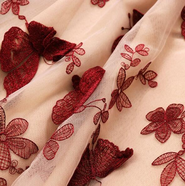 Nice Spliced Mesh Mid-Length Long-Sleeved Butterfly Embroidered Puffy Dress