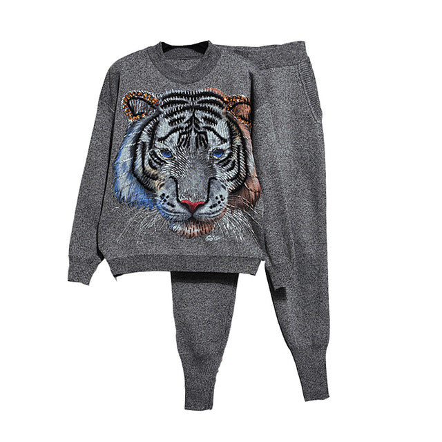Beaded Tiger Knitted Tracksuit Set