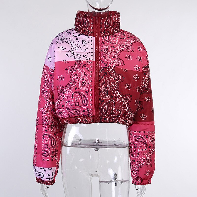Color Block Multicolor Print Cropped Puffer Jacket