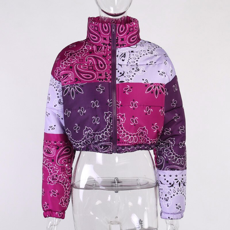 Color Block Multicolor Print Cropped Puffer Jacket