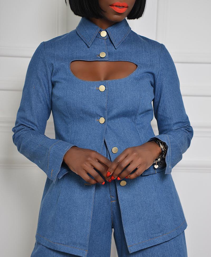 Open Chested Faux Denim Top And Pants Two Piece Suit