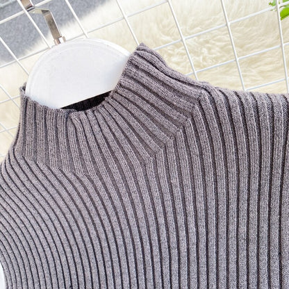 Knit Patchwork Faux Two-Piece Slim Fit Lantern Sleeved Turtleneck Pullover Sweater