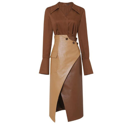 Two-Piece Brown Shirt PU Leather Long Skirt