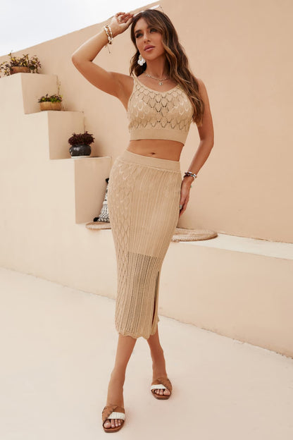 Openwork Cropped Tank and Split Skirt Set