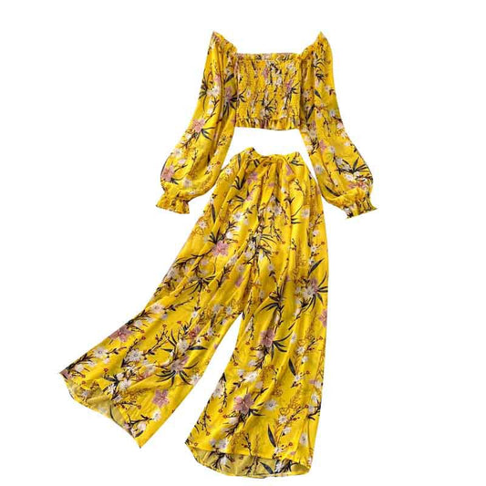 Printed Chiffon Blouse All-Match High Waist Wide Leg Pants Two Piece Suit