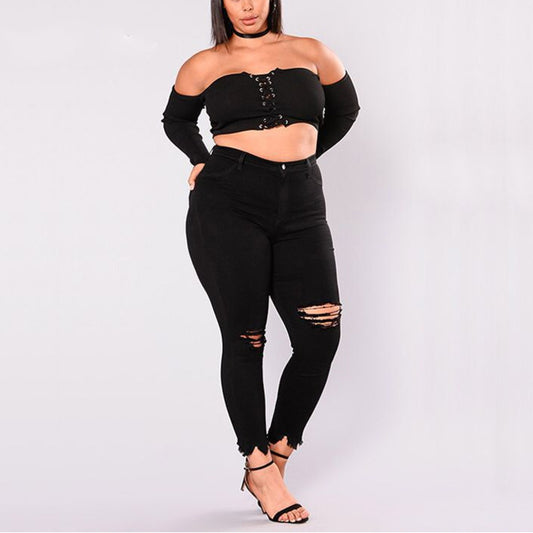 Skinny Elastic Mid Waist Black Jeans