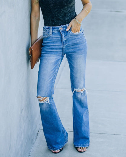 Casual Ripped Mid Waist Washed Flared Jeans