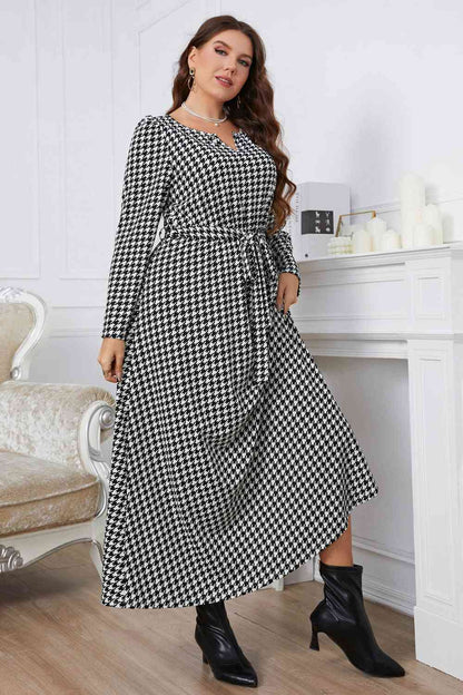 Melo Apparel Plus Size Notched Neck Houndstooth Tie Belt Maxi Dress