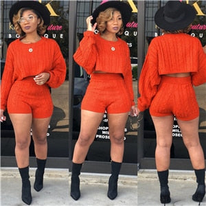 Knitted Two Piece Loose Crop Top High Waist Shorts Set
