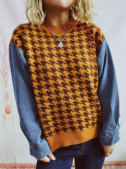 Houndstooth Denim Sleeve Sweater