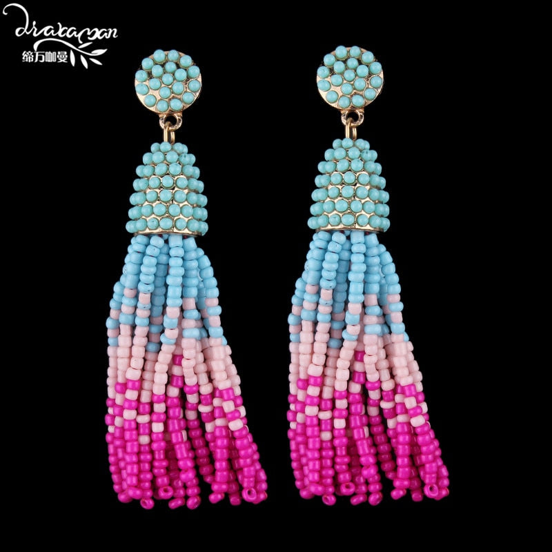 Dvacaman Colorful Beads Tassel Fringes Earrings