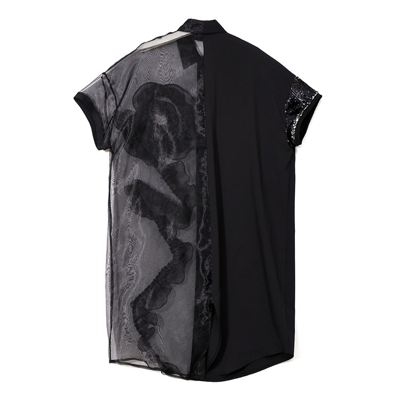 Black Midi Ruffle Bird Embroidery Mesh Shirt Dress