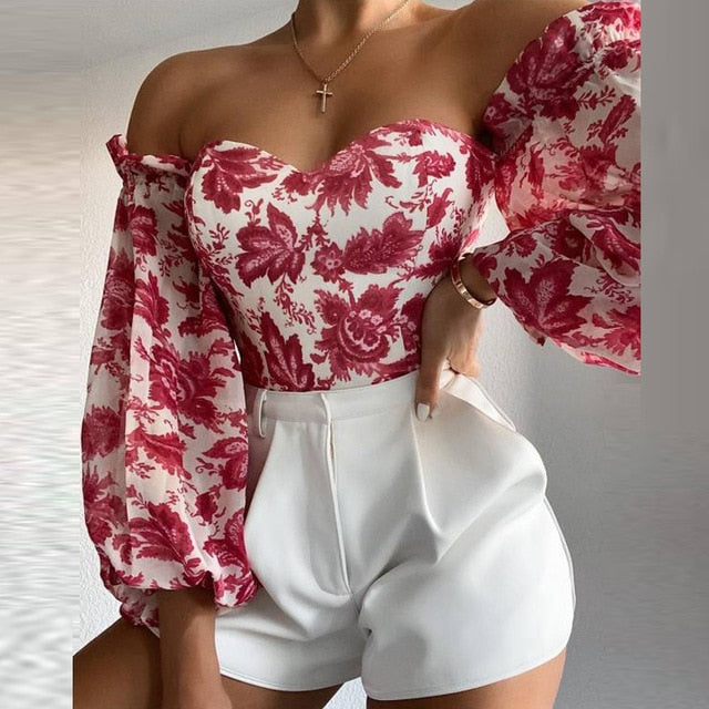 Elegant Floral Print Strapless Chiffon Shirt