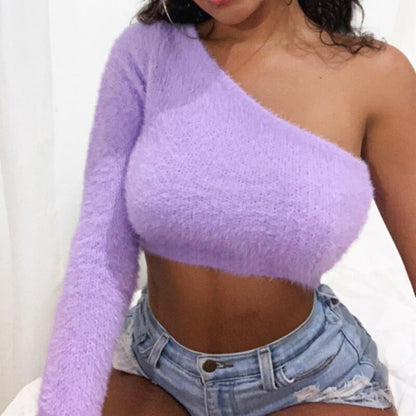 Sexy One Shoulder Asymmetrical Casual Long Sleeve Crop Top