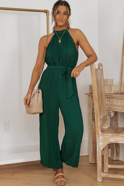 Accordion Pleated Belted Grecian Neck Sleeveless Jumpsuit: Elegance with a Modern Twist