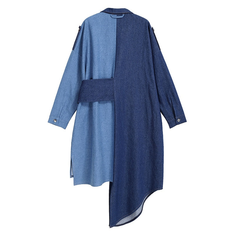 One Size Irregular Contrast Color Blue Denim Dress