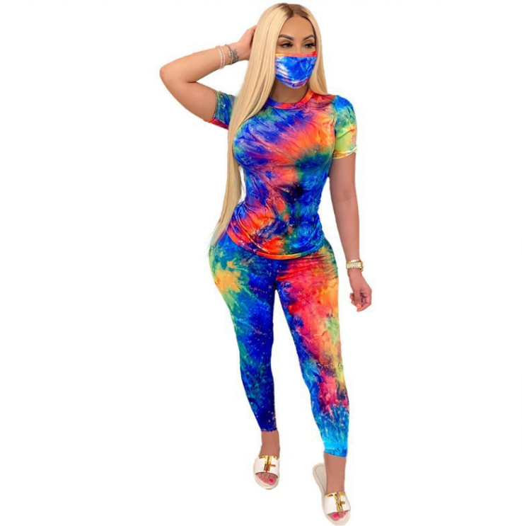 Tie-Dye Two Piece Short Sleeve Top and Set includes Mask