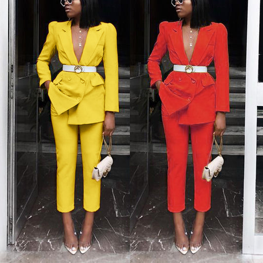 Long Sleeved Suit Solid Color Two Piece Suit