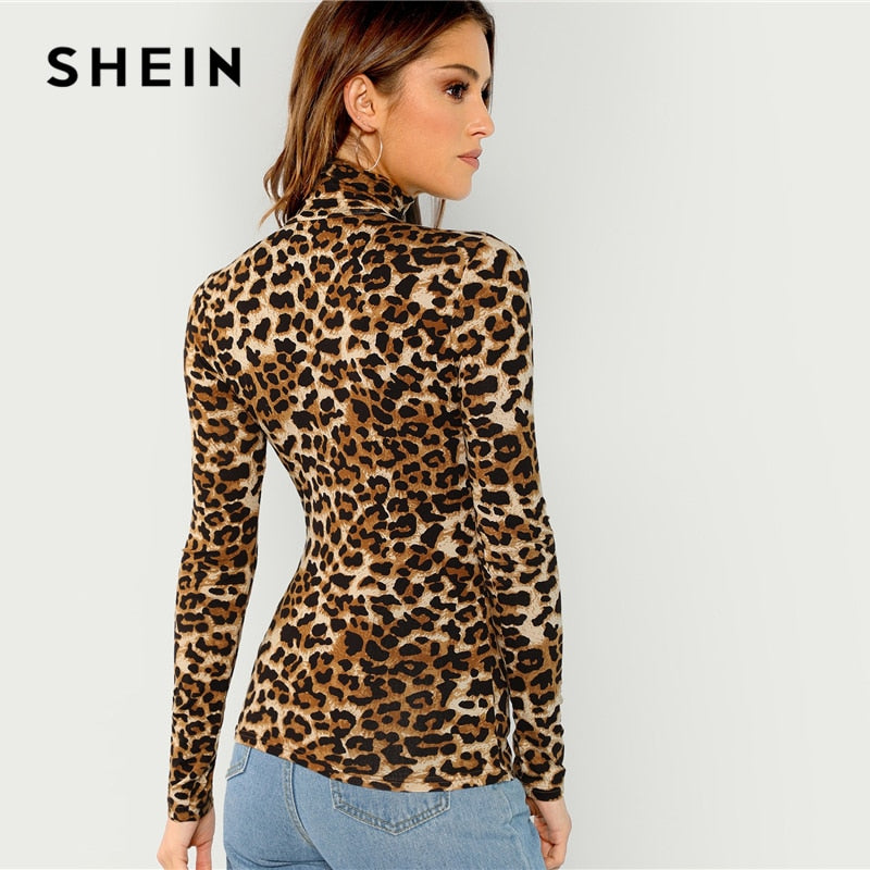 SHEIN Highstreet Office Lady High Neck Leopard Print Fitted Pullovers