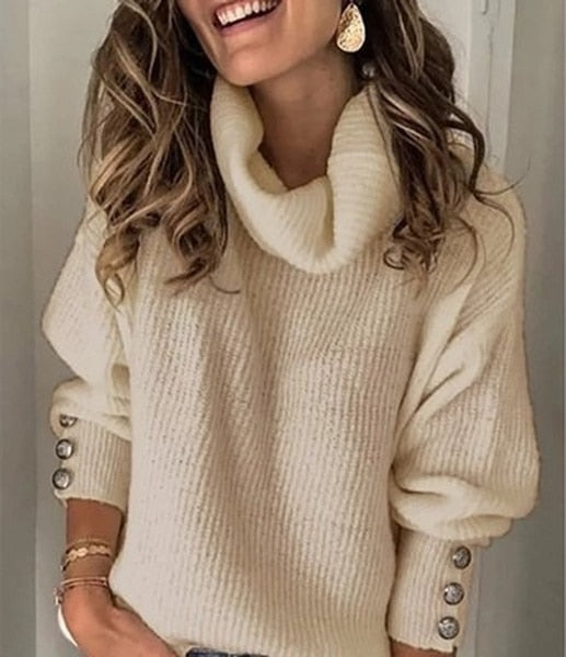 Elegant Solid High Collar Knitted Sweater