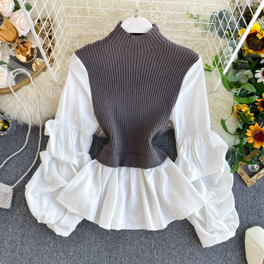 Knit Patchwork Faux Two-Piece Slim Fit Lantern Sleeved Turtleneck Pullover Sweater