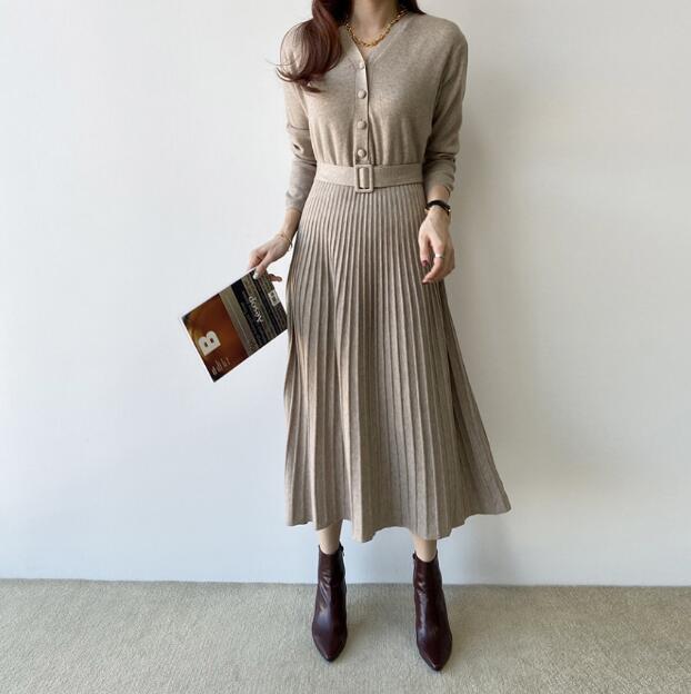 Thicken Sweater Knitted Belted Female A-line Soft Dress