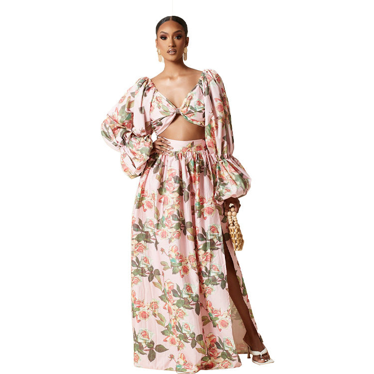 Long Sleeve Printed Sexy Top Slit Long Sleeve Two Piece