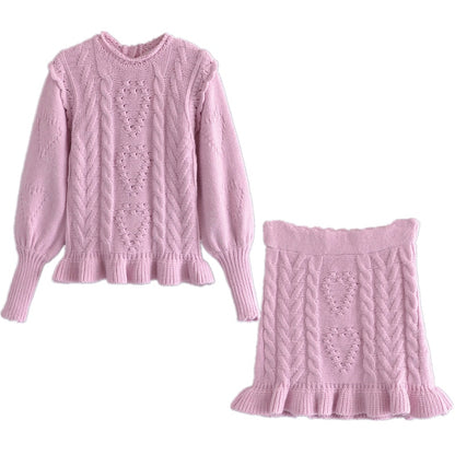 Knitted Twist Puff Ruffle Hem High Waist Mini Skirt Set