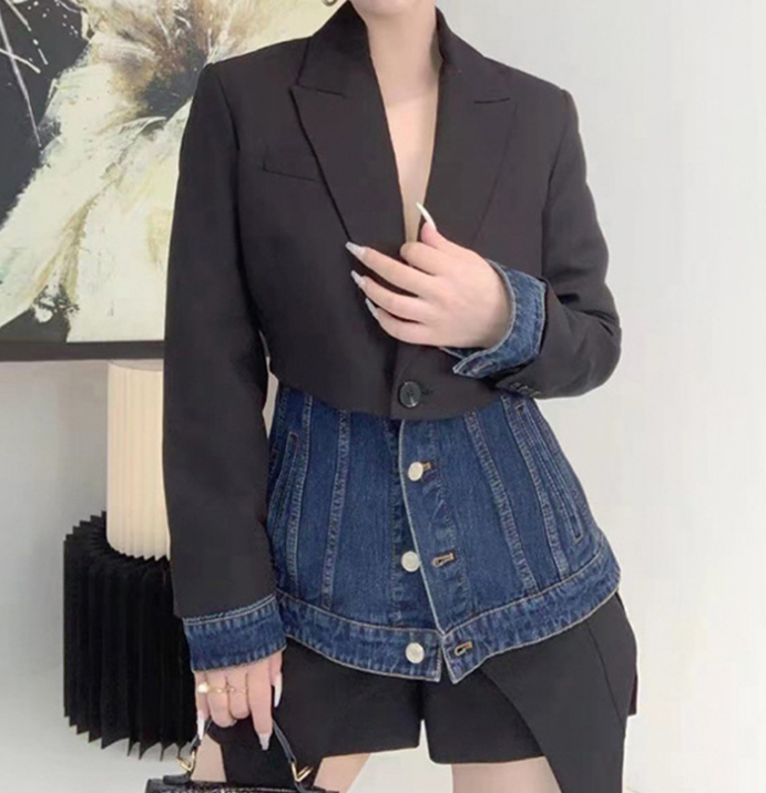 Sexy Patchwork Notched Long Sleeve Mixed Media Blazer