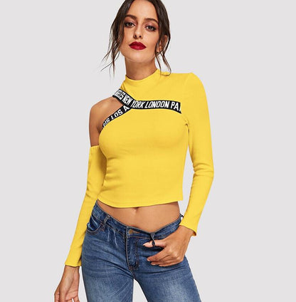 Yellow Cut Out Shoulder Letter Tape Tee Asymmetrical Neck