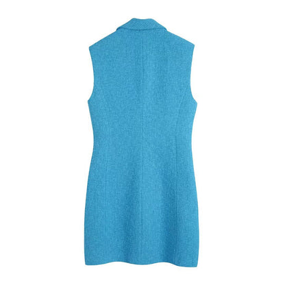 Retro Blue Texture Double Breasted Blazer Dress