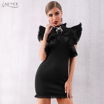 Sleeveless Ruffles Tassel Black Mini Bodycon Club Dress