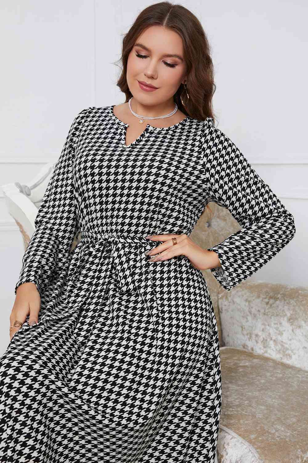 Melo Apparel Plus Size Notched Neck Houndstooth Tie Belt Maxi Dress