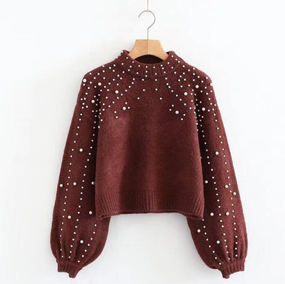 Pearl Turtleneck Lantern Sleeve Knitted Sweater