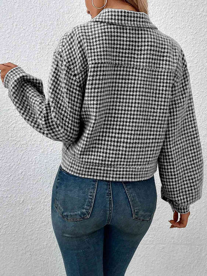 Houndstooth Collared Neck Button Up Jacket